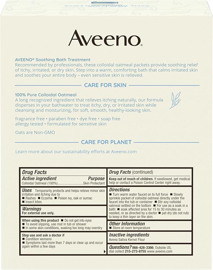 Aveeno Fragrance-Free Soothing Bath Treatment & Soak for Soothing Relief, 100% Natural Colloidal Oatmeal, Relieves Itchy, Irritated Skin Due to Eczema, 8 Single-Use Bath Packets