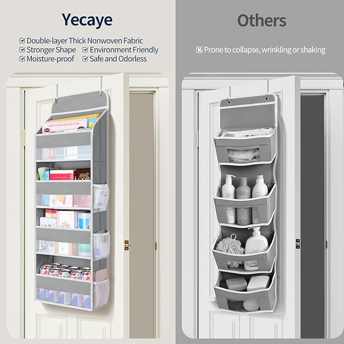 Yecaye Over The Door Organizer, Heavy Duty Hanging Organizers and Storage with 4 Large Capacity Pockets, Swing-Proof Behind The Door Storage for Bathroom Nursery Bedroom Dorm Closet, Grey