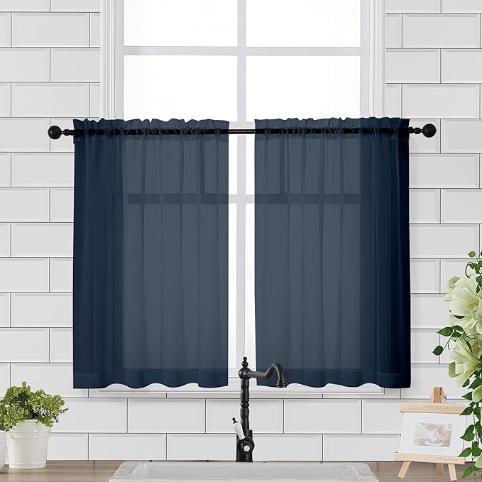 Chyhomenyc Sheer Window Curtains Tier 2 Pieces Set, 36 inch Length, Short Dining Curtains Window Treatment for Small Windows/Bathroom/Cafe/Living Room, Rod Pocket, Navy Blue