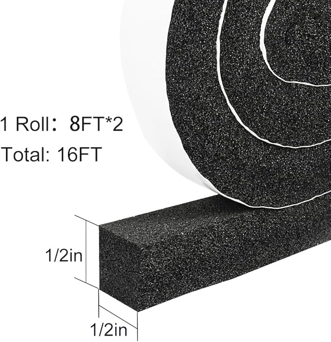 2 Rolls 1/2 Inch W 1/2 T Weather Stripping Air Conditioner Open Cell Foam Seal Tape, Window Insulation High Resilience Seal Strip for Doors Window,Total 16FT