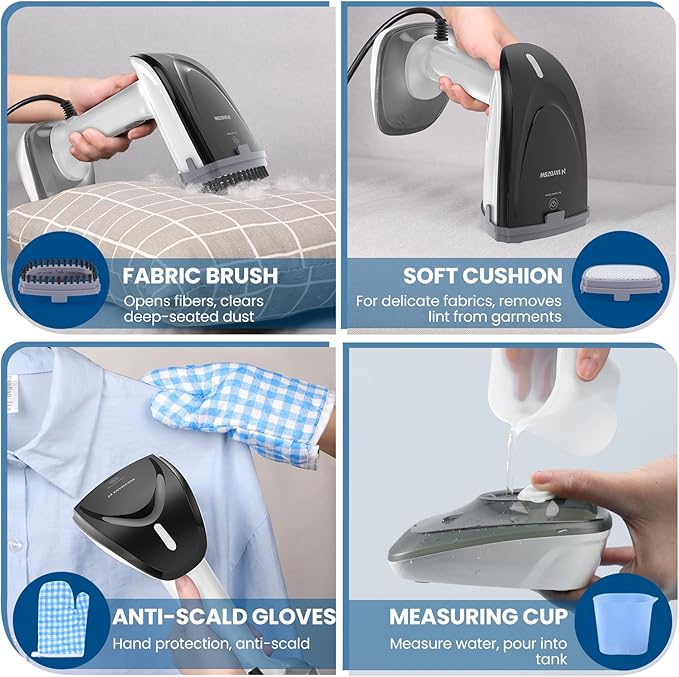Powerful Handheld Fabric Steamer - 1800W with Fast Ceramic Heat-Up Plate, 2-in-1 Ironing & Wrinkle Remover, Steam Nozzle, Lint Brush - White, for US 120V Only