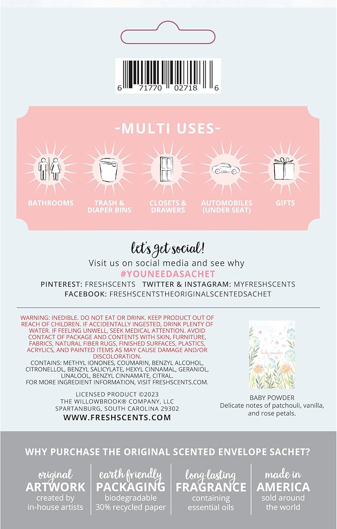 WILLOWBROOK | Fresh Scents Scented Sachet Packet | Baby Powder | Air Freshener Bags for Drawers, Closets, Cars | 6 Pack | Long Lasting Home Fragrance
