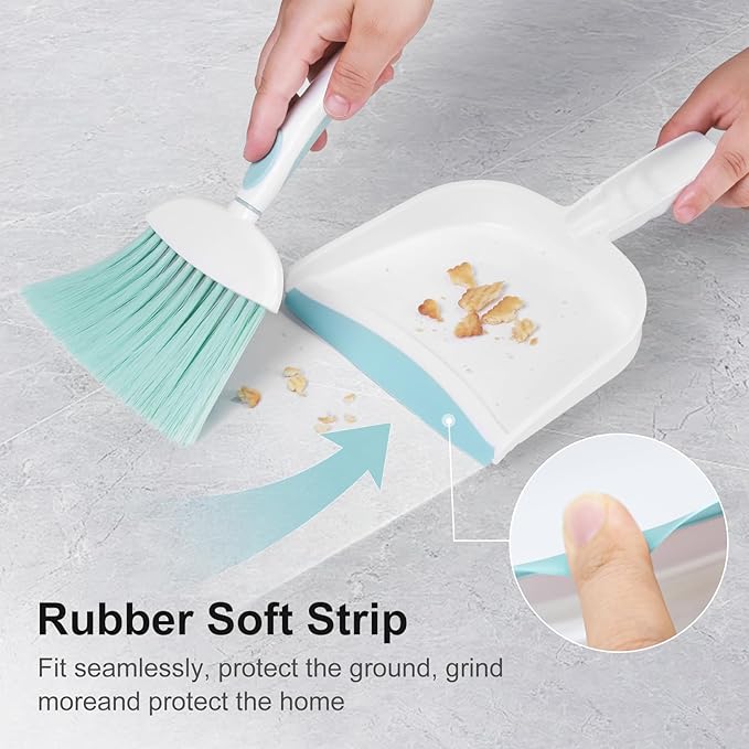 NACENA Small Dust Pan and Brush Set, Mini Broom and Dustpan Set Small Hand Broom and Brush Combo Dust Pan with Teeth for Home Cleaning Drawers Desktop Sofas Pet Care and Outdoor, Blue