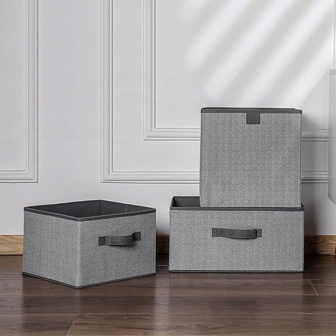 Storage Baskets, 11.8-Inch Woven Fabric Bins, Storage Cubes with Reinforced Handles, Organizer Bins for Closet Shelves, Foldable, for Toys, Clothes, Natural Beige (2PCS/Grey-11.8*11.8*11.8inch)