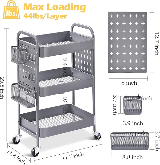 TOOLF 3-Tier Rolling Cart, Metal Utility Storage Cart with DIY Pegboards, Art Craft Trolley with Baskets Hooks, Serving Organizer Easy Assemble for Office, Home, Kitchen, Classroom (Grey)