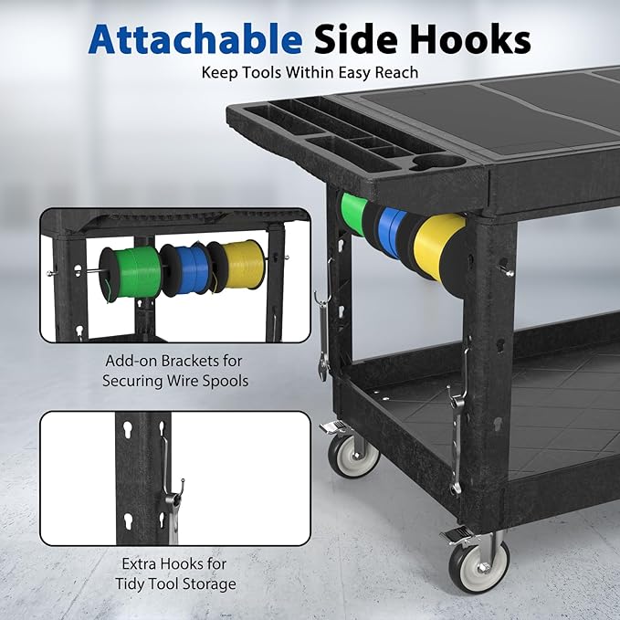 Heavy Duty Flat Top Utility Cart with Wheels 2-Tier Utility Plastic Service Work Cart for Shop, Garage, Warehouse, Maintenance 550 lbs