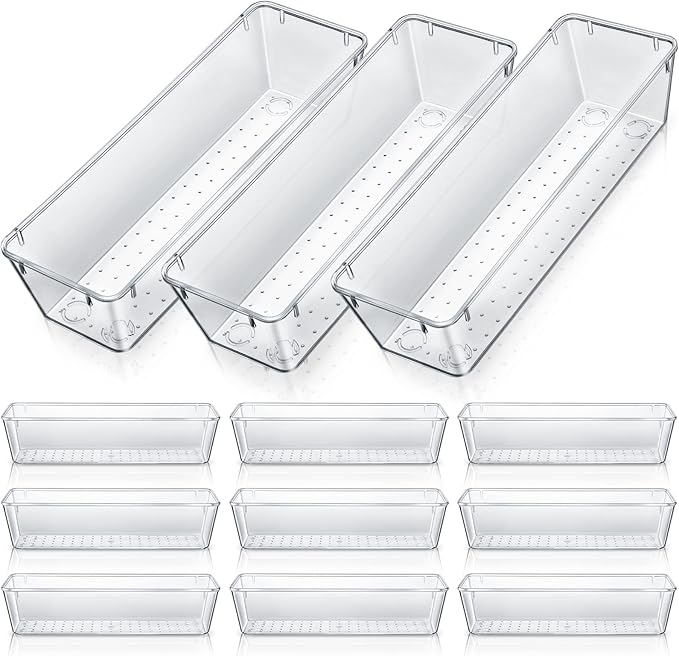 Maitys 12 Pcs Vanity Drawer Organizer 9 x 3 x 2 Inches Clear Plastic Utensil Organizers Kitchen Drawers Dividers for Office Desk Silverware Kitchen Utensils Cosmetics and Bathrooms(Clear)