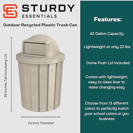 42 Gallon Slated Circle 100% Recycled Plastic Commercial Outdoor or Indoor Trash Can with Push Open Dome Lid and Internal Liner | Great for Schools and Businesses - Beige Granite