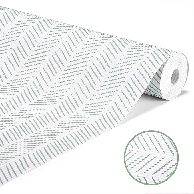 Glotoch Non Adhesive Shelf Liners for Kithchen Cabinets,Non Slip Waterproof Drawer Liners for Dresser, Liner, Fridge, Wire Shelving,Pantry,Heavy Duty, White and Green Herringbone 12X60 Inch