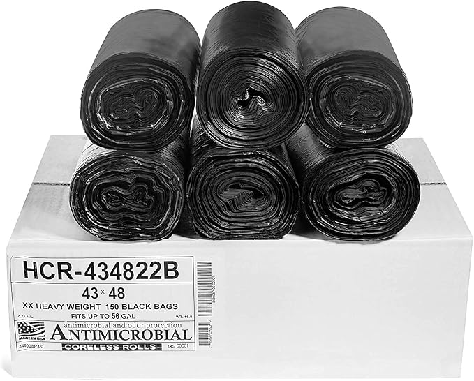 Aluf Plastics High Density Trash Bags, 56 Gallon, 150 Count, 22 Micron (eq), 43" x 48", Black, for Bathroom, Office, Industrial, Commercial, Janitorial, Municipal, Recycling