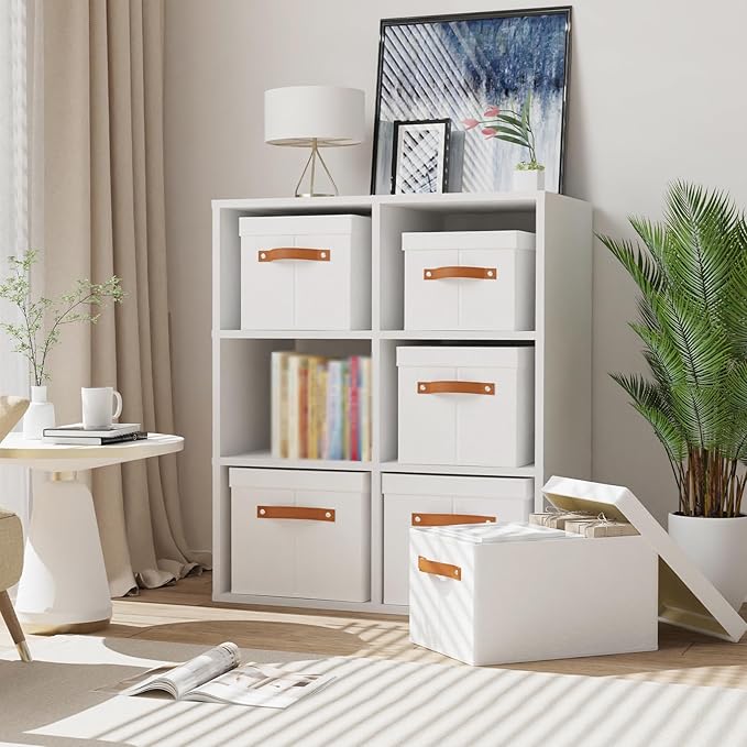 Fabric Storage Bins, Clothes Boxes for Shelves with Lids, 1 Pack Baskets for Organizing with Handles, Decorative Linen Closet Organizers, White, 16.5 x 11.8 x 10.2 Inch