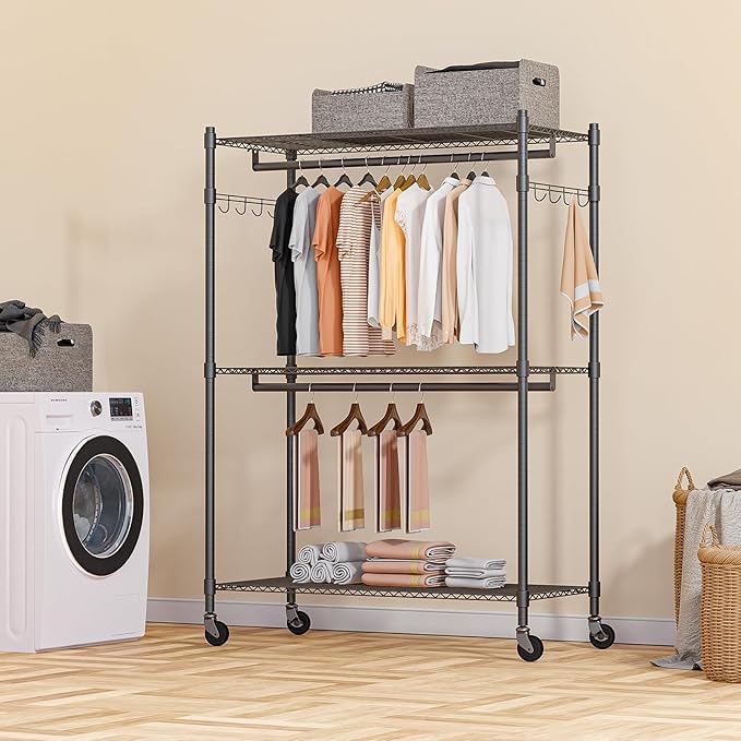 Homdox Heavy Duty Rolling Clothing Rack, Adjustable Garment Rack with 3 Tier Storage Shelves, Freestanding Closet Wardrobe for Hanging Clothes with Side Hooks, Gray