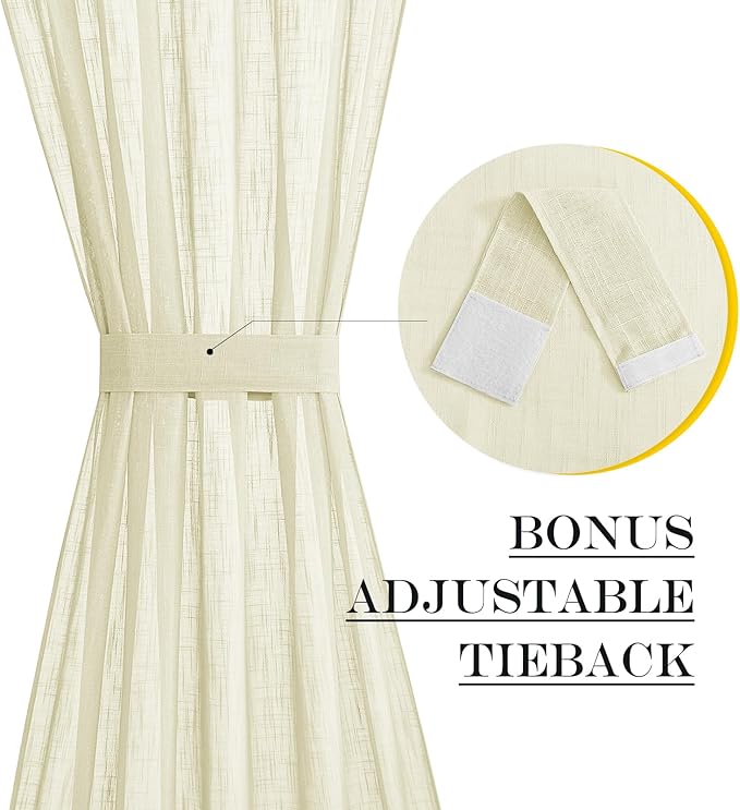 NICETOWN French Sheer Door Panel - Translucent Privacy Sheer with Light Filter Linen Look Textured French Door Curtains (52 inches Width by 40 inches Long, 1 Panel with Tieback, Yellow)