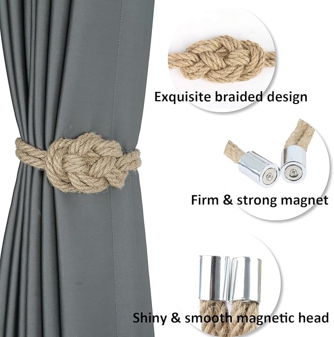 4 Pack Natural Jute Magnetic Curtain Tiebacks, Boho Rustic Style Decorative Curtain Ties Backs for Home & Office Drapery