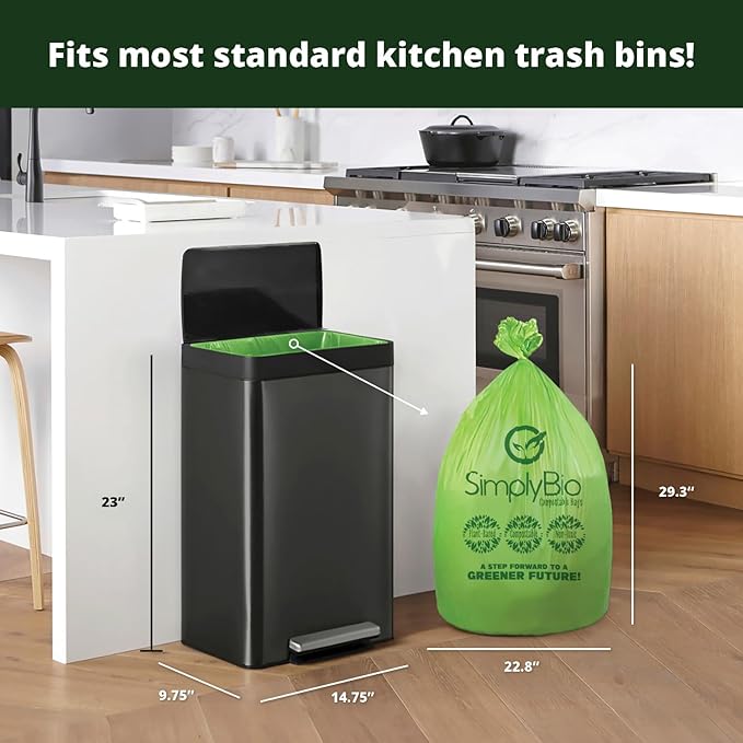 Simply Bio 13 Gallon Compostable Trash Bags Liners with Flat-Top, Thick 0.87 Mil, 49.21 Liter, 50 Bags, Tall Kitchen Food Scrap Waste Bag, ASTM D6400, US BPI and OK Compost Home Certified