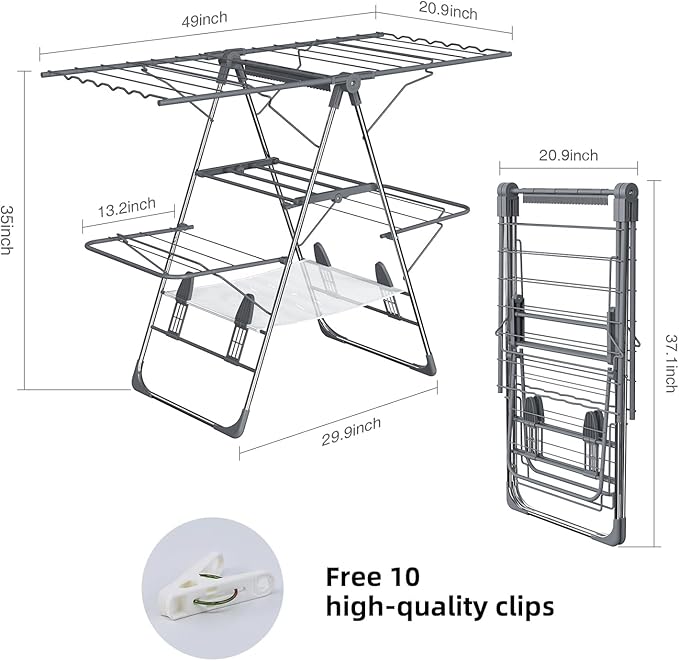 Clothes Drying Rack, Foldable 2-Level Laundry Racks for Drying Clothes Rack,Stainless Steel Drying Rack Clothing Collapsible for Indoor Outdoor,with Height-Adjustable Wings
