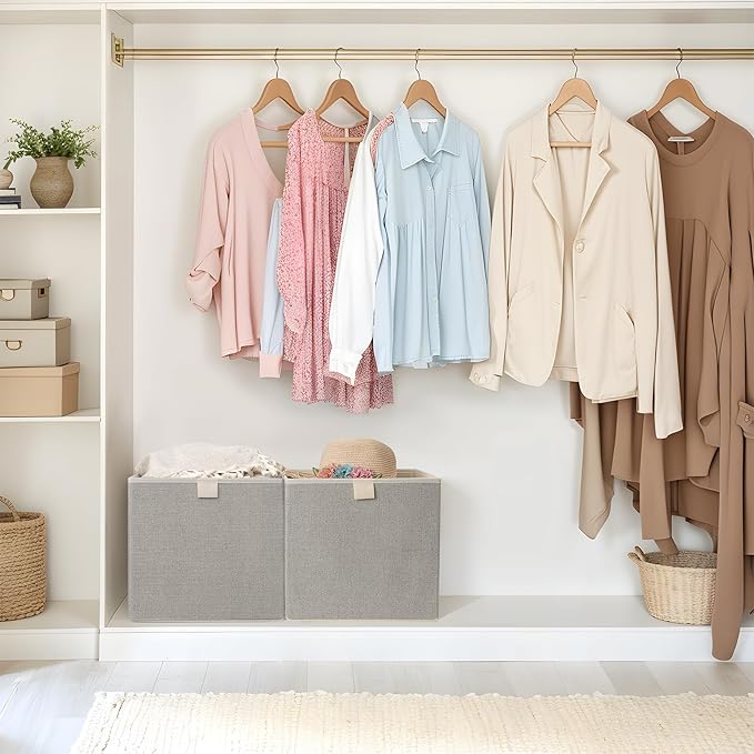 Storage Baskets, 11.8-Inch Woven Fabric Bins, Storage Cubes with Reinforced Handles, Organizer Bins for Closet Shelves, Foldable, for Toys, Clothes, Natural Beige (3PCS/Beige-11.8*11.8*11.8inch)