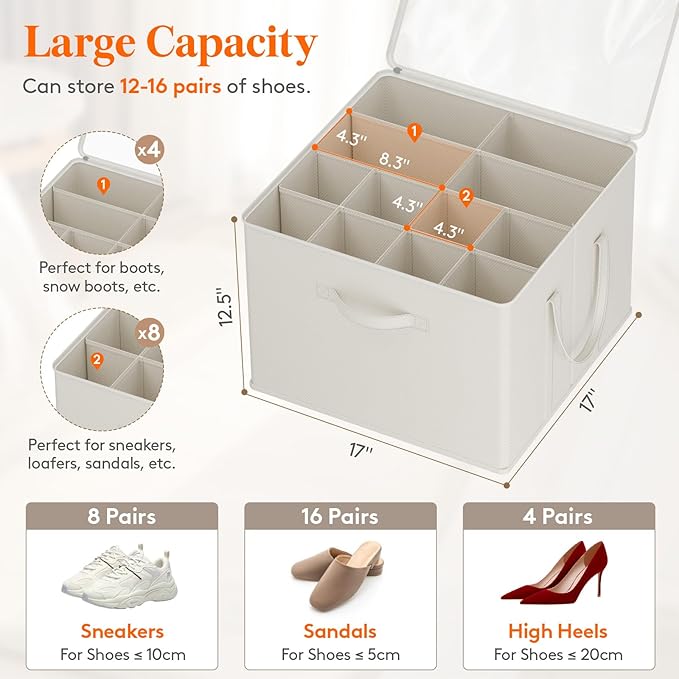 Lifewit Shoe Storage Organizer for Closet Fits 12-16 Pairs, Fabric Large Shoe Box Storage Container with Clear Cover, Foldable Bins Fit for Boots Heels Sneakers 17"(L) x 17"(W) x 12.5"(H) 1 Pack White