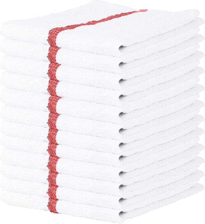 Arkwright Qwick Wick Bar Mop Towels - (Pack of 12) 100% Cotton Quick Dry Dishcloths, Super Absorbent Multipurpose Cleaning Rags for Restaurants, Kitchen, Bathroom, Hotel, 16 x 19 in, Red Stripe