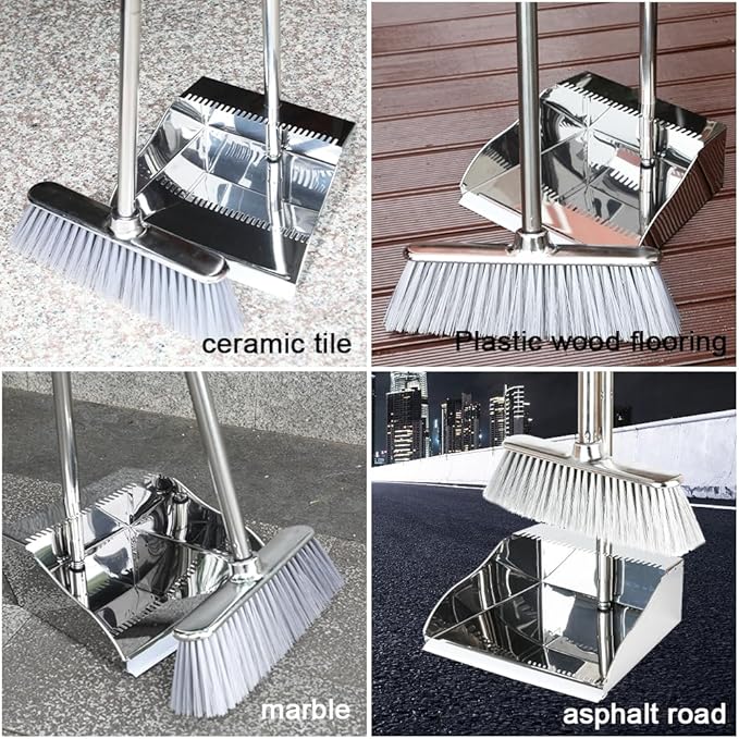 Broom and Dustpan Set,Soft Bristles Indoor Kitchen Broom with Stainless Steel Dustpan ，Metal Dust Pan，Silvery White, Suitable for Ceramic Tiles, Solid Wood, Composite Flooring