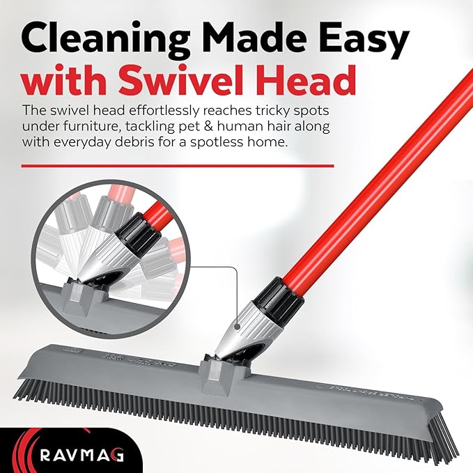 2-in-1 Silicone Rubber Broom Carpet Rake and Squeegee - Swivel Pet Hair Removal Broom with 1 Piece Long Handle - Slanted Side Bristles for Corners - Multipurpose Broom for Carpet, Hardwood Floor, Tile
