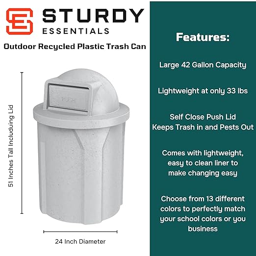 42 Gallon Circle 100% Recycled Plastic Heavy Duty Outdoor Commercial Trash Can with Push Open Dome Lid and Internal Liner | Great for Schools and Businesses - Light Granite
