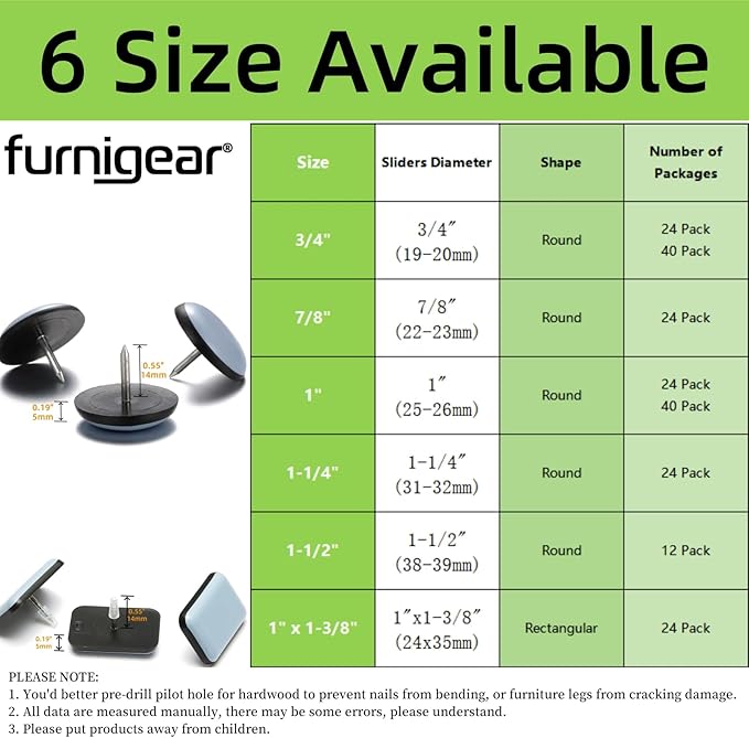 Furniture Glides Sliders-Furnigear PTFE (Teflon) Chair Leg Movers Sliders for Carpet and Hardwood Surface - Move Your Furniture Easy & Safely - Best Floor Protector (1 inch/Nail, 40pack)