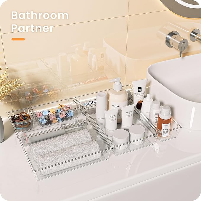 A-LuGei Drawer Organizer, Bathroom Organizers and Storage, Makeup organizer, Desk drawer organizer, Storage Bins for Kitchen Office Bedroom Vanity Jewelry Pantry Garage, 4Size, Clear