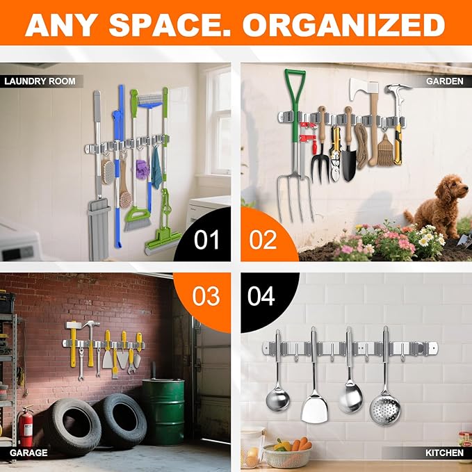 Broom Holder Wall Mount, Mop and Broom Organizer Broom Hanger Storage Tool Utility Racks Stainless Steel Wall Hooks Solid Mop Rack for Home Kitchen Garden Laundry Garage (5 Racks 4 Hooks)