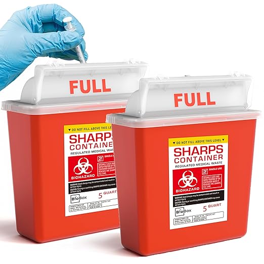Sharps Container Large - Sharps Containers for Home Use and Labs - Portable Needle Disposal and Travel Size Biohazard Bin - 5 Quart Plus (Pack of 2)