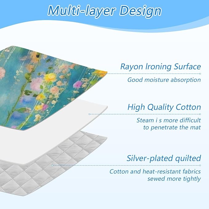 Kigai Watercolor Fowers Ironing Blanket Thick Portable Ironing Pad Travel Ironing Mat with Silicone Pad Heat Resistant Ironing Board Cover for Table Top, Washer, Dryer, 27.6" x 47.2"