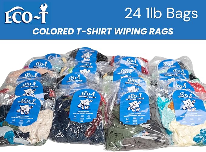 24 x 1 Lb Bags (24 Lbs) Eco-T Mechanic Shop Rags - Colored T-Shirt Material, 100% Recycled, Eco-Friendly, High Absorbency, Low Lint, Low-Cost, Industrial Use Wiping Cloth