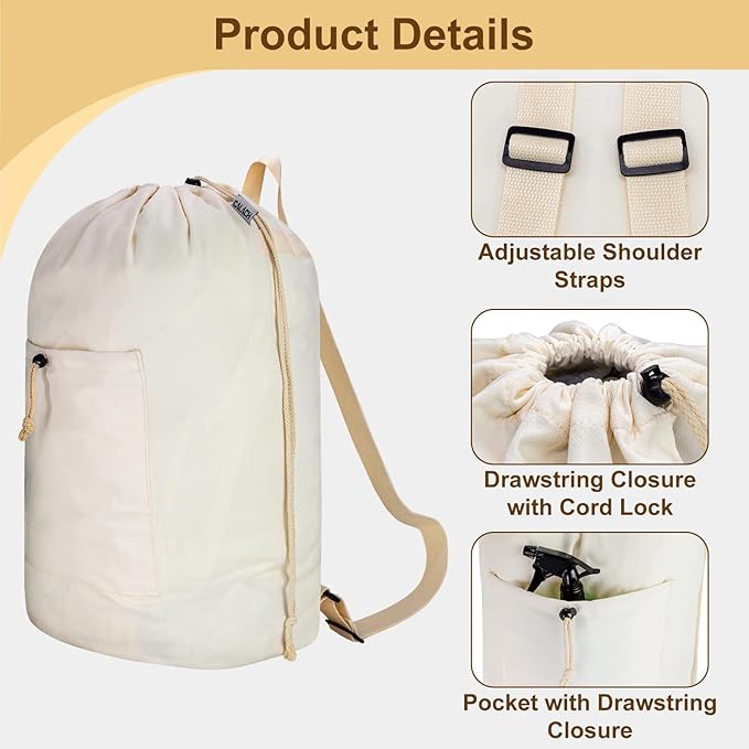 Laundry Bag Backpack, Canvas Laundry Bag with Straps & Drawstring Closure Washable Dirty Cloth Hamper Bag with Large Front Pocket for College, Travel, Laundromat, Camping (Beige)