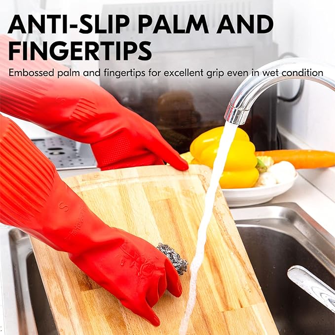 Vgo... 1-Pair Dishwashing Gloves, Reusable Household Gloves, Long Sleeve, Thick Latex, Cleaning, Washing, Working, Painting, Gardening, Pet Care (Size L, Red, RB2143)
