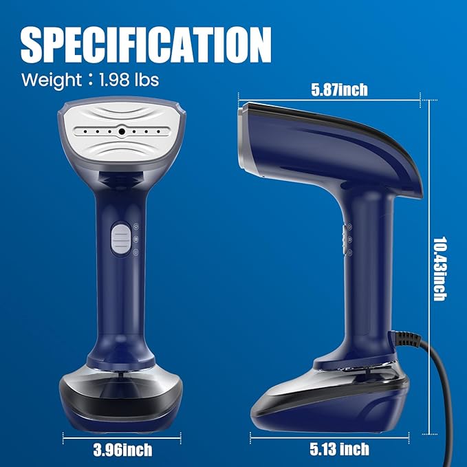 Powerful Handheld Fabric Steamer - 1800W with Fast Ceramic Heat-Up Plate, 2-in-1 Ironing & Wrinkle Remover, Steam Nozzle, Lint Brush - Blue, for US 120V Only