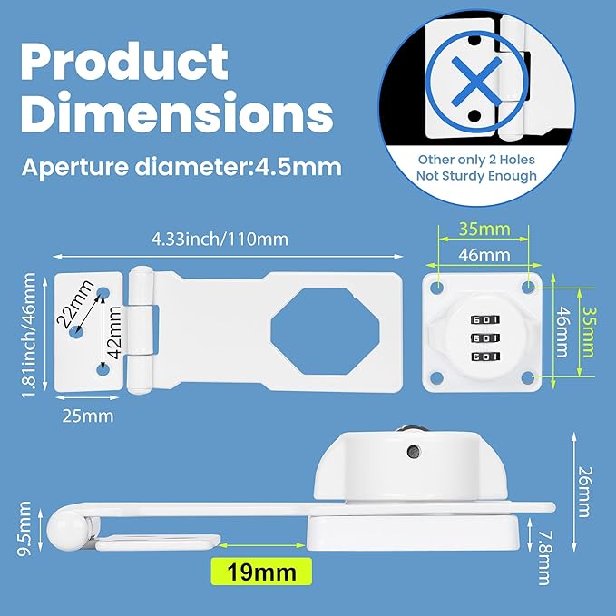 Keyless Cabinet Lock with Combination Code - 3-Digit Password Hasp Latch Lock for Drawers, Bifold Closet Door and Double Sided Door (White, 4.5 Inch, 2 Pack)