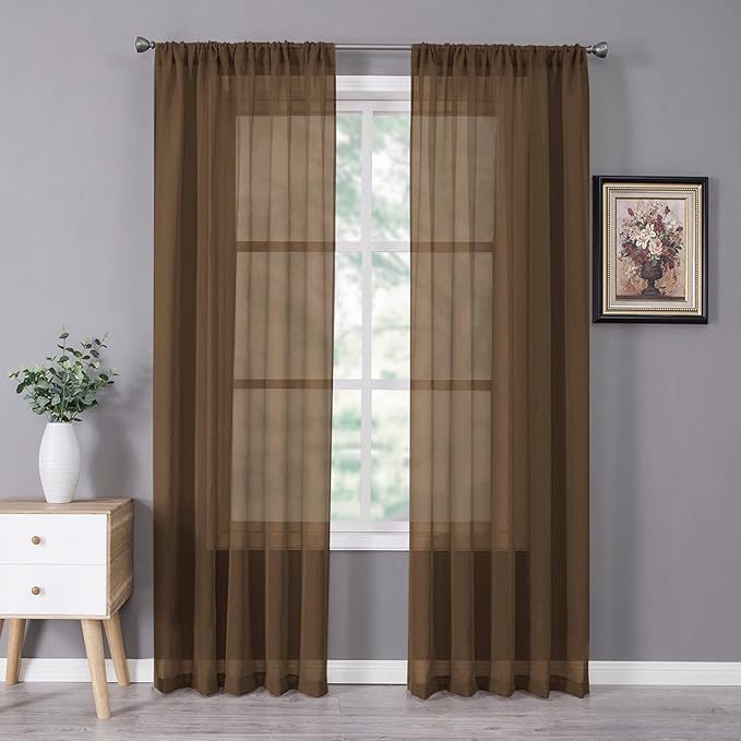 Tollpiz Sheer Curtains Bedroom Linen Textured Curtain Sheers Light Filtering Voile Rod Pocket Curtains for Living Room, 38 x 84 inches Long, Brown, Set of 2 Panels