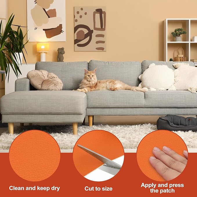 PATIKIL Leather Patches Tape for Furniture, 3.2 x 61 Inch Self Adhesive Vinyl Leather Repair Kit Cover Sheet for Couch, Sofa, Car Seats, Office Chair, Orange