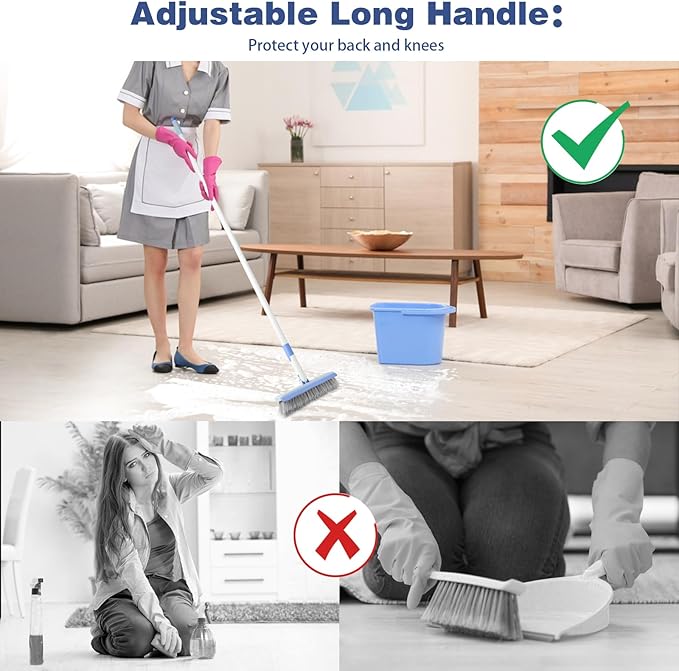 Floor Scrub Brush and V-Shape Grout Brush with Long Handle 3 in 1 Replaceable Head Scrape Brush Stiff Bristle with Swivel Head for Cleaning Tiles Hardwood Floors Patios Blue