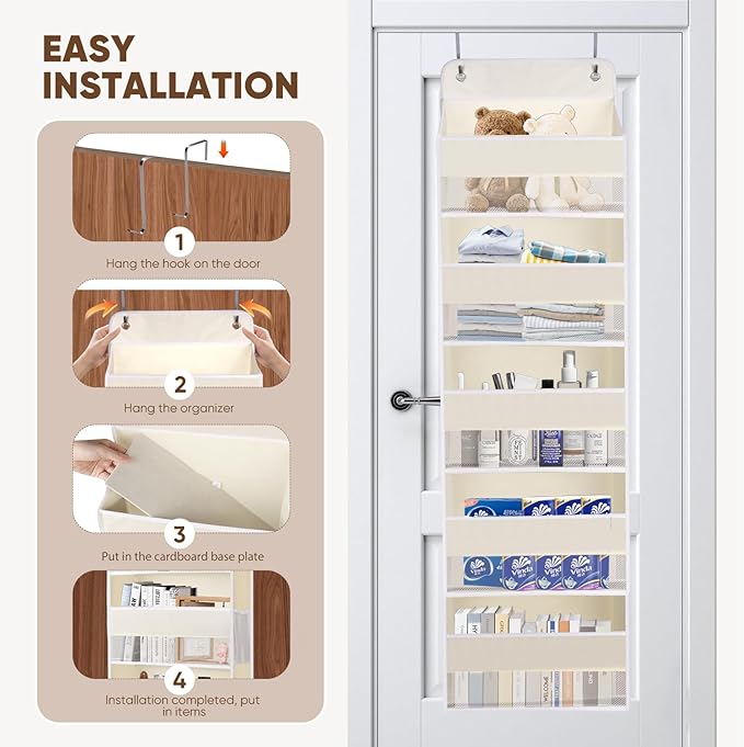 QINGUANG Over The Door Organizer,Hanging Organization and Storage, Behind Door Organizer with Side Pockets, 44 lbs Capacity,Anti Tilt, for Nursery, Bathroom, Bedroom,Dorm 5-Shelf Beige