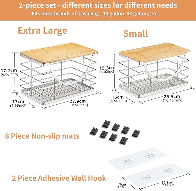 Extra Large Trash Bag Holder Stackable Kitchen Storage Slive, 2 Pack Wall Mounted Pantry Organizers and Storage with Bamboo Top, Garbage Bag Dispenser Under Sink for Laundry Room and Kitchen