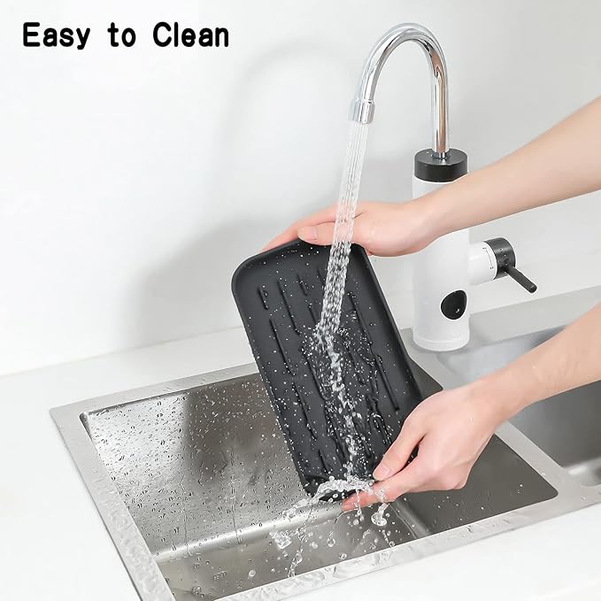Silicone Kitchen Sink Organizer Tray for Multiple Usage,Eco-Friendly Sponges Holder for Kitchen Bathroom Counter or Sink,Dish Soap Dispenser,Scrubber,Bottle,Cup (Black, 10"×5.3")