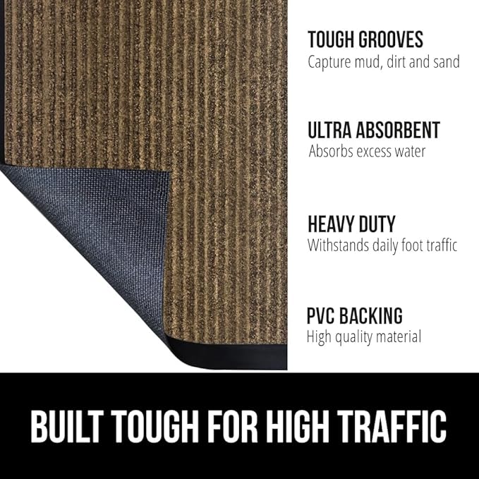 GORILLA GRIP Traffic Guard Door Mat, 59x24, Heavy Duty Welcome Mats, Commercial Office Space Doormat, Waterproof, Fade Resistant, Strong Rubber Backing, Low Profile, Shoe and Boot Scraper, Brown