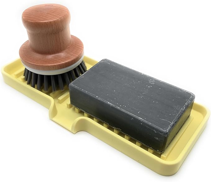 Happitasa Silicone Soap Dish Tray and Sponge Holder with Drain Chute | Bathroom and Kitchen Sink Organizer Caddy (Pale Yellow, 9"x3.5", 5.6 Ounces)