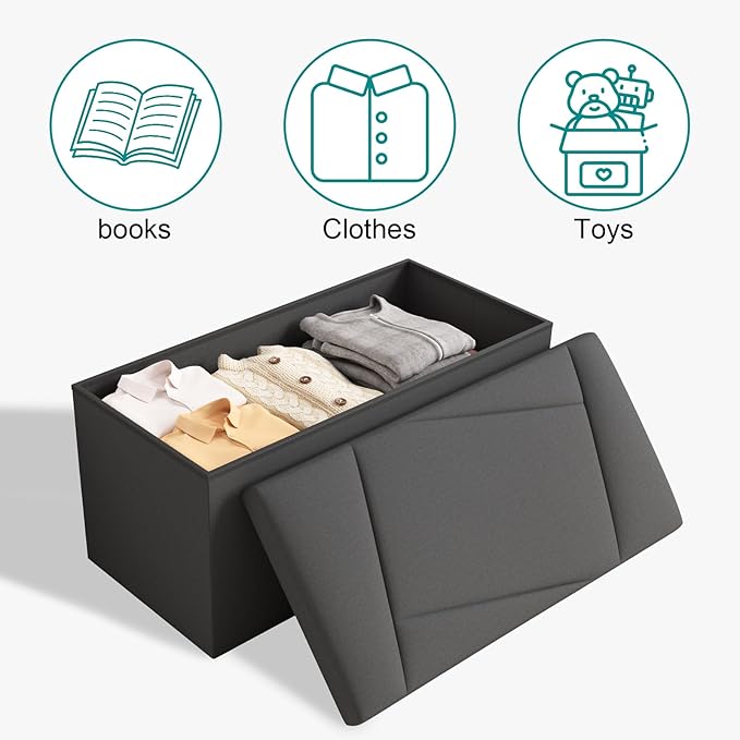 Folding Storage Ottoman Bench, 30 Inches End of Bed Bench Folding Ottoman Storage for Bedroom, Entryway and Living Room, 30"x15"x15",Dark Gray