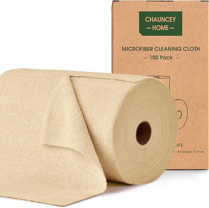 Roll of Microfiber Cleaning Cloth –100 Pack, Tear Away Microfiber Towels, Reusable, Washable, Scratch-Free, Kitchen Towels for Car, Home, Kitchen, Glass, Dishes(Wheat Beige)