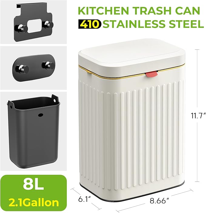 Kitchen Compost Bin Hanging Trash Can with Lid, 2.1 Gallon Stainless Steel Trash Can Compost Bin, Wall-Mount Indoor Kitchen Trash Bin for Cabinet, Under Sink, Bathroom (2.1 Gallon, 8L Ivory White)