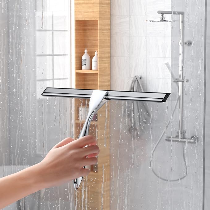 14-Inches Stainless Steel Shower Squeegee Set, Include Shower Door Hook, Adhesive Hook and Spare Silicone Blade, Window Squeegee for Shower Glass Door, Bathroom, Mirror, Window and Car Glass