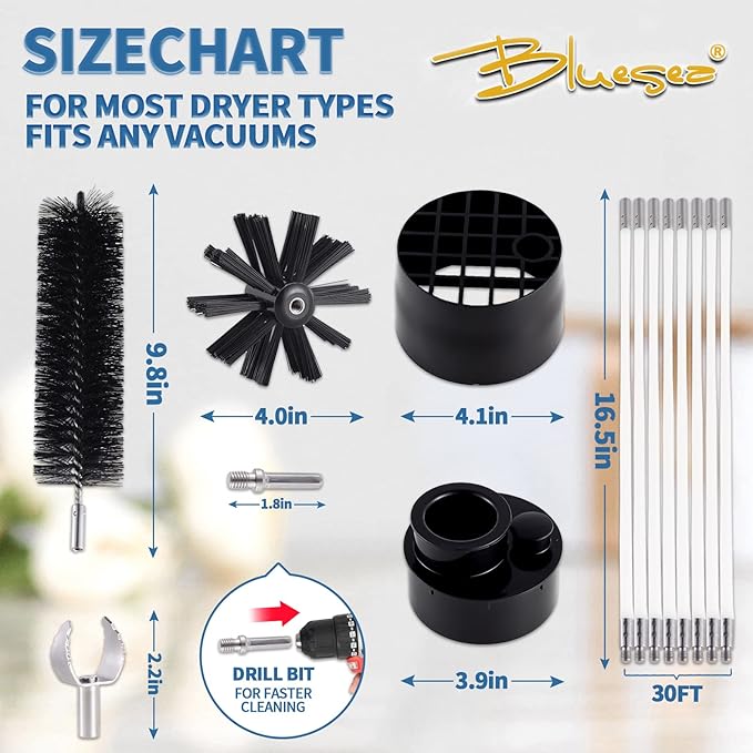 Bluesea 7 Pieces 30 Feet Dryer Vent Cleaner Kit, Reinforced Nylon Dryer Vent Cleaning Kit, Durable Dryer Vent Brush Vacuum Attachment with Flexible Lint Trap Brush, Vacuum & Dryer Adapters