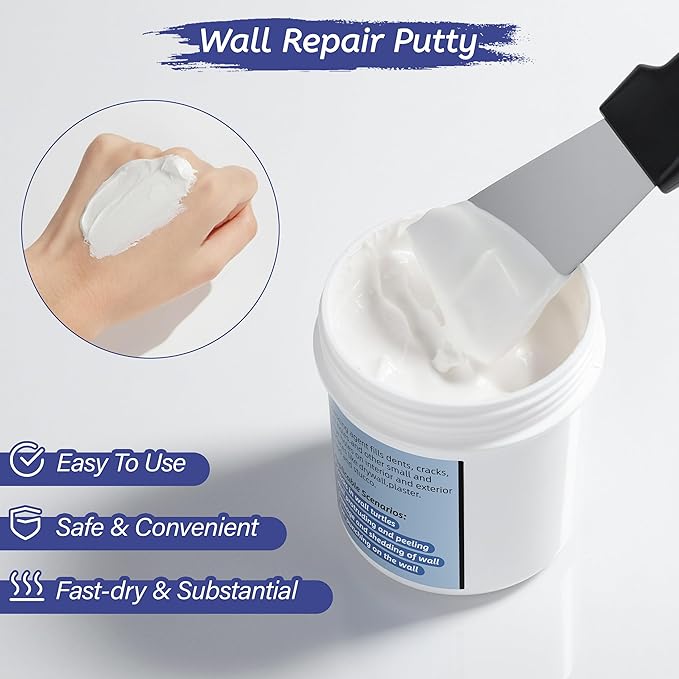 Oriflame Drywall Repair Kit: 8.5 Ounce Spackle Wall Repair with Patch/Scraper/Sandpaper/Gloves - White Wall Putty for Nail Holes/Cracks/Dents/Stains/Peeled Wall